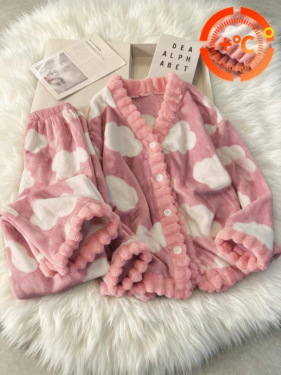 秋冬女童粉色法蘭絨雲朵印花長袖長褲睡衣兩件套,柔軟保暖面料,休閒居家穿著 - 粉色 - 查看 1