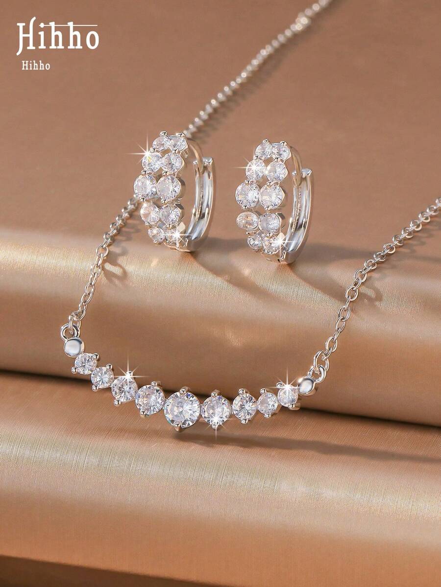 Hihho 3pcs/Set Luxury Sparkling Necklace & Earring Set, Women's Jewelry Suitable For Commute, Date, Party, Gathering - Round Zirconium - View 1
