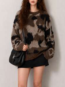 Women's Winter Casual Minimalist Style Camouflage Pattern Crew Neck Pullover Sweater - Coffee Brown - View 3