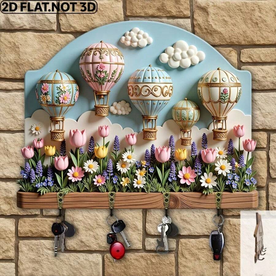 2D Flat, 1pc, Hot Air Balloon And Flower Theme Wooden Multi-Functional Home Key Holder, With Key Hook, With 4 Metal Hooks, Wall Decor, Porch Decor, Room Decor, Villa Decor, All Season Home Decor - Multicolor - View 1