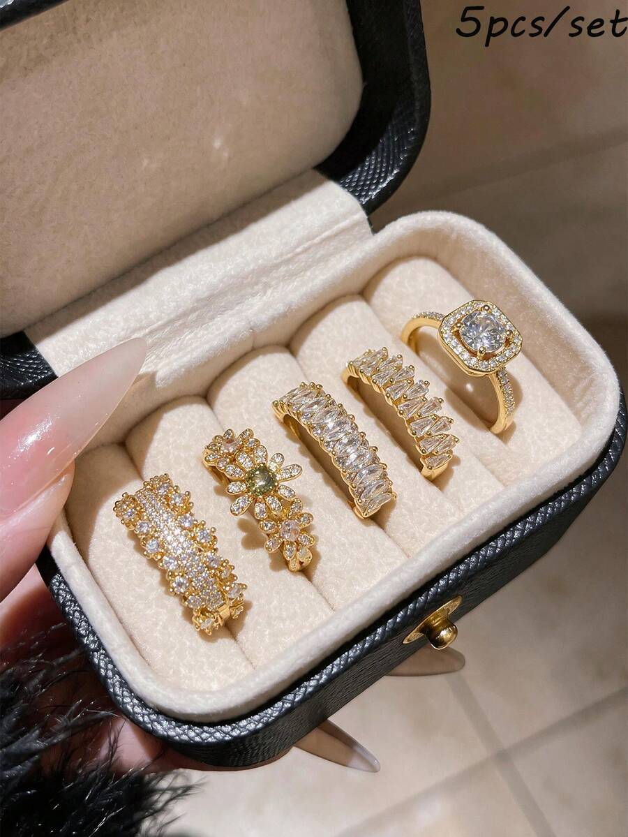 1/5-Piece Set Of Open Brass Rings Adorned With Cubic Zirconia Flowers – Suitable For Daily Wear And Weddings - Multicolor - View 1