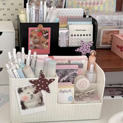Multi-Compartment Desktop Stationery Organizer, Large Capacity Pen Holder Storage Box, Suitable For Back To School Season, Multi-Compartment Design Can Store Pens, Sticky Notes, Stickers, Cute Aesthetic Desktop Decor