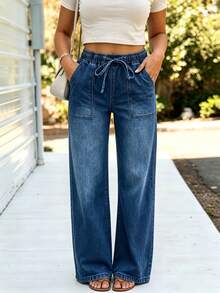 Women's Casual Wide Leg Denim Jeans, Drawstring Waistband With Pockets, Mid-Stretch Washed Long Pants, Suitable For Spring And Autumn Style - Dark Blue - View 5