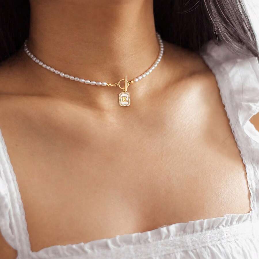 1pc New Simple Initial Pendant Beaded Necklace For Women Party - White - View 1
