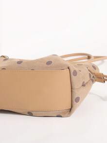 Khaki Polka Dot Underarm Tote Bag With Dual Drawstring Design, Women's Shoulder Bag With Pom Pom Pendant, Suitable For Commuting And Shopping - Khaki - View 9