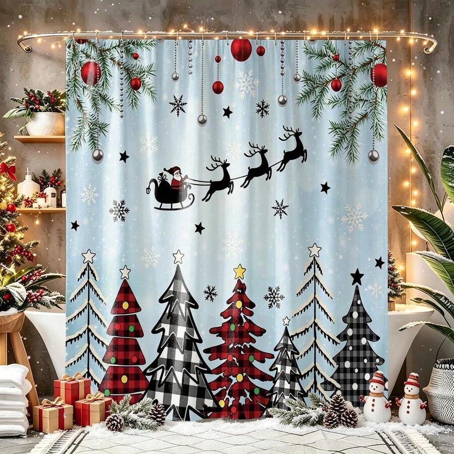 1pc Christmas Tree, Christmas Carriage, Snowflake, Reindeer Shower Curtain, Vintage Design, Waterproof Bath Curtain, Suitable For Bathtub Partition, Bathroom Decor And Bathroom Accessories, Home Decor Gift - Multicolor - View 1