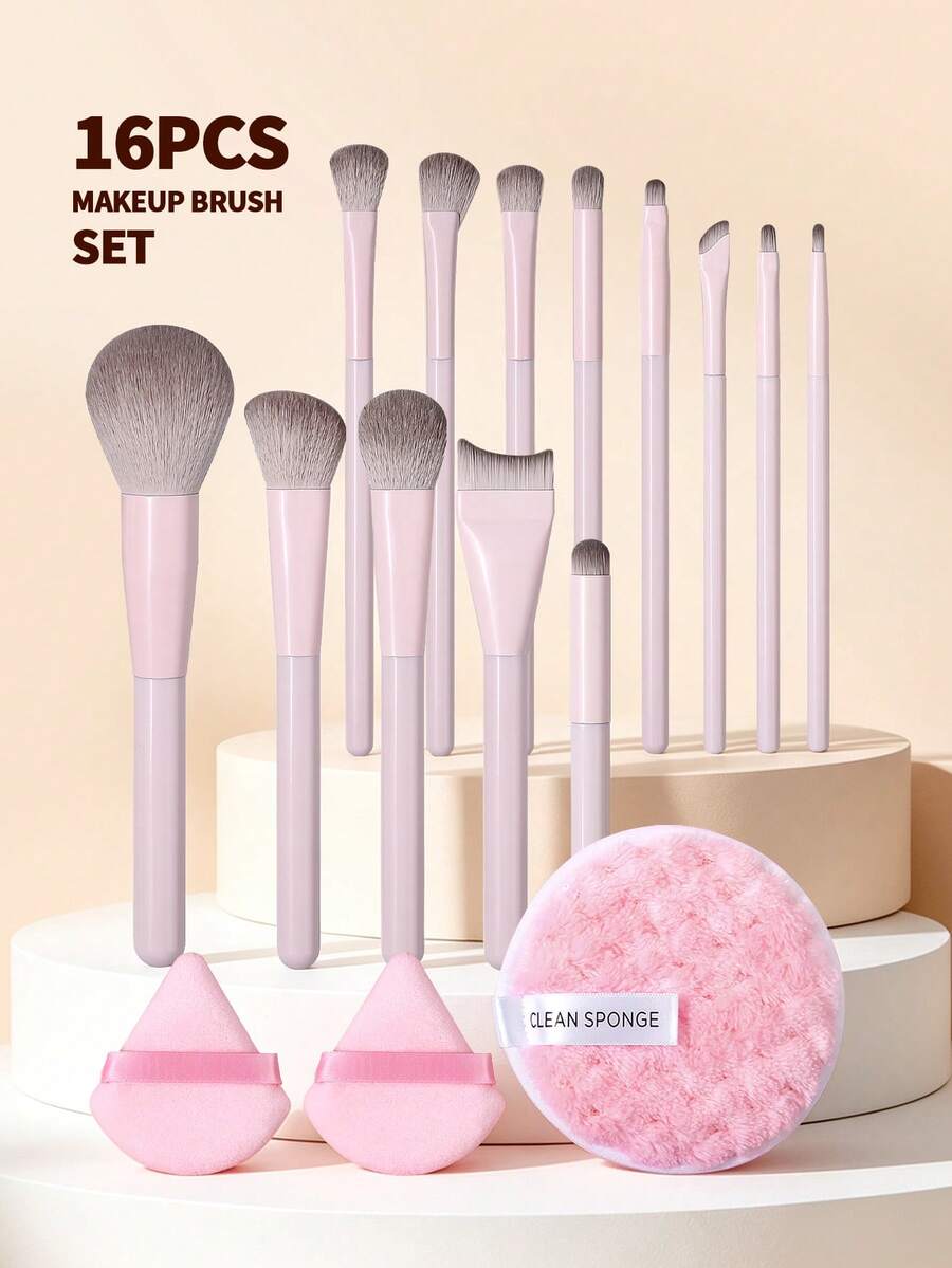 Bộ 16 cọ trang điểm chuyên nghiệp lông sợi tổng hợp mềm mịn, gồm cọ nền, cọ phấn, cọ má hồng, cọ mắt, kèm bông phấn tam giác và mút rửa mặt lớn, bộ dụng cụ làm đẹp