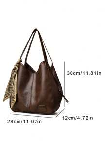 Shoulder Bag, Relaxed And Soft Large Capacity Body, Dual Extended Shoulder Straps For Comfortable Shoulder And Underarm Carrying, Scarf Tie Decoration Adds Delicate Atmosphere. Open Mouth Design For Convenient Access, Spacious Interior Can Store Various Personal Items, Meeting Daily Travel Needs, Suitable For Commuting, Shopping, And Outings, Creating A Simple And Timeless Daily Outfit Style. - Brown - View 8