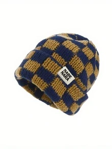 Vintage Contrast Color Checkerboard Patchwork Knit Beanie, Unisex Oversized Loose Folded Cuff Knitted Hat, Korean Style Face-Slimming Checkerboard Cap, Warm Slouchy Hat For Autumn/Winter Outdoor Travel, Multiple Colors Available - Multicolor - View 2