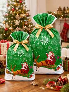 20Pcs Christmas Drawstring Gift Bags, Santa Claus Reindeer Printed Treat Bags With Gold Ribbon, Large & Medium Christmas Candy Bags For Xmas Party Favors Gift Packaging - Christmas Sleigh - View 5