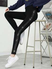 1pc Women's Shiny Side Knot Rhinestone Decor Short Tight Pants, Comfortable - Multicolor - View 3