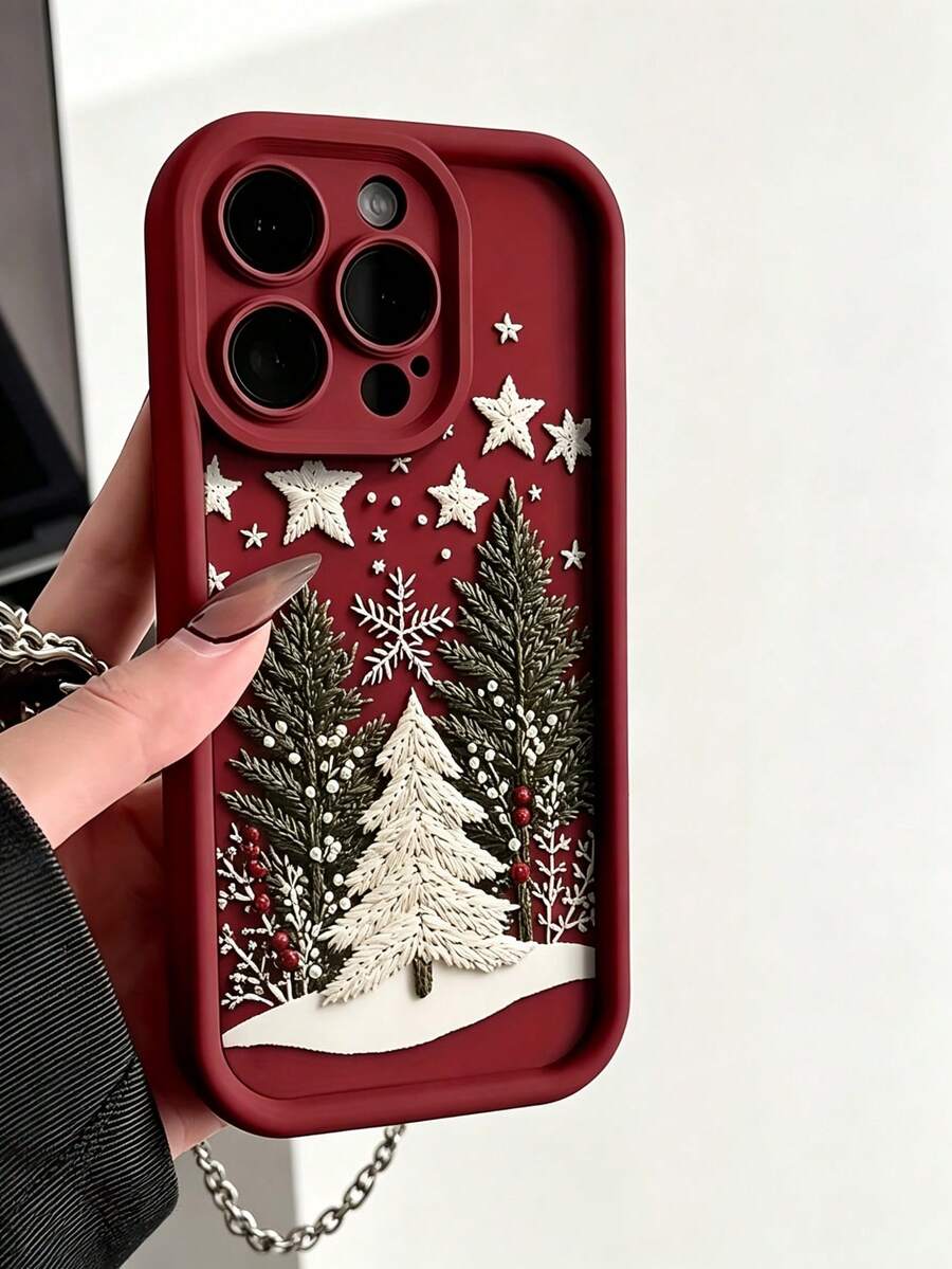 Phone Case: New Burgundy Winter Christmas Tree Pattern Phone Case, Compatible With Apple 18/18Pro/18promax/17Pro 17Pro Max And 16 Plus 16 15 14 13 12 11Pro Max, Christmas Element Design, Comfortable Touch, Soft Material, Cute Phone Case Christmas Gift - Burgundy - View 1