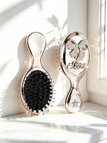 1pc/Small Portable Luxury Rhinestone Electroplated Metal Texture Air Cushion Hairbrush, Exquisite Princess Style Champagne Rose Gold, Oval Compact Handle Design, Rhinestone Bow & Love Letter Decoration, Detangling Scalp Massage, Home Dressing & Travel Hair Care Set - Air Cushion Comb - View 2