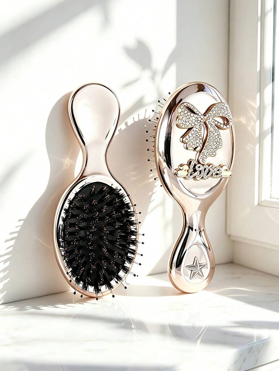 1pc/Small Portable Luxury Rhinestone Electroplated Metal Texture Air Cushion Hairbrush, Exquisite Princess Style Champagne Rose Gold, Oval Compact Handle Design, Rhinestone Bow & Love Letter Decoration, Detangling Scalp Massage, Home Dressing & Travel Hair Care Set