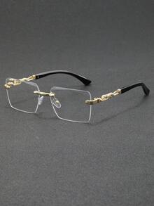 1 Pair Men's Square Rimless Beveled Metal Fashion Transparent Glasses, Perfect For Daily Wear, Outfits, Social Gatherings - Clear - View 5