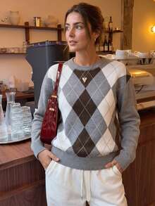 Women's Diamond Pattern Round Neck Knit Sweater, Preppy Vintage Back To School Style, Loose Fit Top For Autumn/Winter Fall - Light Grey - View 1