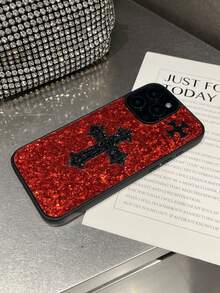 1pc Red Leather Glitter Cross Color Block Anti-Drop Spray Painted Phone Case Suitable For 18promax/17promax - Red - View 8