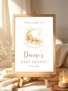 1pc Personalized Baby Baptism Welcome Sign, Customized Name & Date Poster, Sleeping Bear Moon & Stars Welcome Poster, Neutral Color Baby Baptism Poster, Home Decor Keepsake, Suitable For Any Occasion, Printed Image, Unframed - Multicolor - View 2
