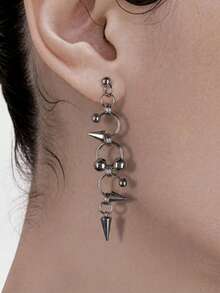2pcs Women's Silver Stainless Steel Waterproof Fade-Resistant Hypoallergenic Spiked Stud Beaded Hoop Punk Earrings, Suitable For Rock Music Lovers, Gift, Daily Wear, Dating, Cool Style - Silver - View 1