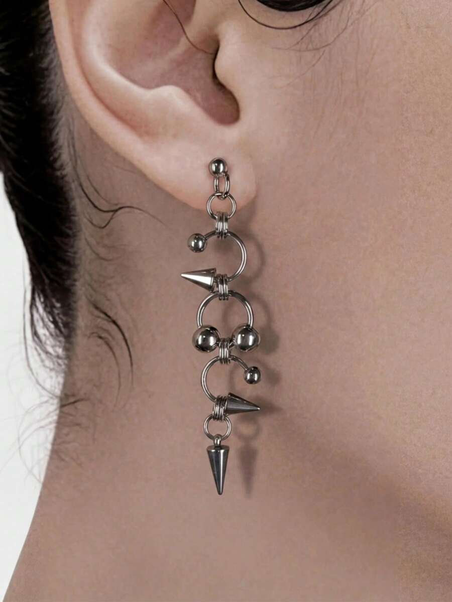 2pcs Women's Silver Stainless Steel Waterproof Fade-Resistant Hypoallergenic Spiked Stud Beaded Hoop Punk Earrings, Suitable For Rock Music Lovers, Gift, Daily Wear, Dating, Cool Style - Silver - View 1