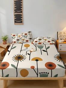 1PC Vintage Abstract Geometric Floral Print Fitted Sheet (Fitted Sheet Only, No Pillowcase), Bohemian Abstract Floral Fitted Sheet, Soft Bedroom Bedding, Suitable For Bedroom, Guest Room, School Dormitory, Easy To Remove And Machine Washable, All-Season Mattress Protector - Multicolor - View 5