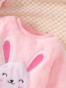 BrownBark 2pcs, Baby Girl Winter Plush 2 Pieces Sweatshirt Set, Pink Round Neck Cute Rabbit Applique Embroidered Long Sleeve Sweatshirt, Paired With Same Fabric Cuffed Pants, Soft Flannel Warm And Comfortable, Essential For Baby Girl Autumn/Winter - Pink - View 4