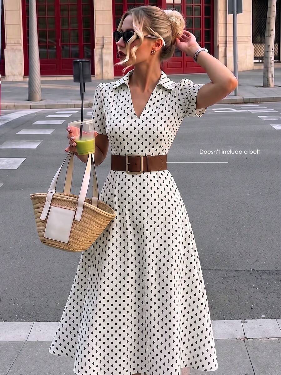 Printed Lapel Women's Dress, Summer Vintage Elegant Commute Puff Sleeve Flared A-Line Midi Dress - Pearl White - View 1