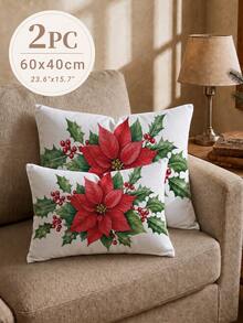 1pc/2pcs Christmas Simple Poinsettia Pattern Waffle Fabric Cushion Cover, Single-Sided Printed Soft Waffle Polyester Material, Waffle Pillowcase Suitable For Room Decoration, Modern Minimalist Sofa Living Room Decor, Gift Giving, Party Decoration - Multicolor - View 10