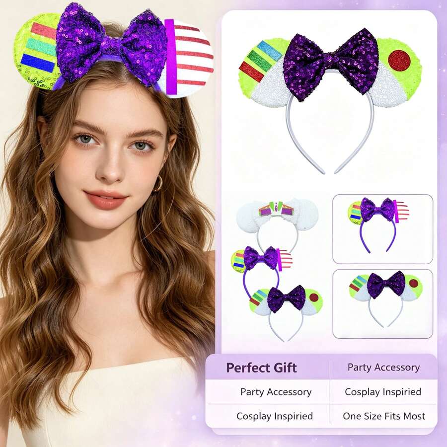 Disney 3Pcs Mouse Ear Headbands, Toy Story Buzz Lightyear Patch Sequin Bow Hair Hoop Set For Theme Park, Comic‑Con & Holiday Costume Party - Multicolor - View 1