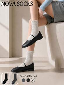 1/3 Pairs Random Assortment Women's Morandi Solid Color Cable Knit Frill Trim Ribbed Mid-Calf Socks, Solid Color Cable Texture Frill Trim, Breathable Sweet Pure, Texture Pleated Frill Trim, Romantic French Style Slouch Socks, Delicate Skin-Friendly Soft Sweet, Cute, Basic Style, Suitable For Daily Home Wear, Suitable For Back To School Gift Occasions, Suitable For Office And Home Wear - Multicolor - View 8