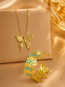 VceTd2PCS Fashion Vacation Style Stainless Steel Women's Jewelry Set With Gold-Colored Butterfly Pendant Necklace And Enamel Color Bracelet, Suitable For Daily Wear, Dating Or Vacation - Yellow Gold - View 6