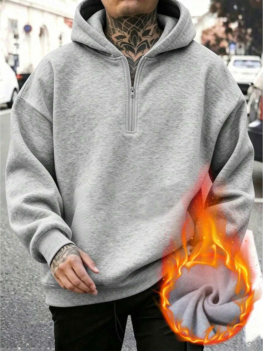 Sweatshirt Hoodie Pria Warna Polos dengan Resleting Setengah/Seperempat, Sweatshirt Pullover Lengan Panjang Beludru, Sweatshirt Pullover Tebal dengan Lapisan Hangat, Cocok untuk Musim Gugur/Musim Dingin - Light Grey - View 1