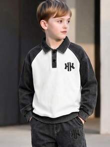 Boys' 2 Pieces Casual Set, Autumn/Winter, Colorblock Raglan Polo Collar Letter Print Top With Distressed Cuffed Long Pants, American Vintage Style - Black - View 5