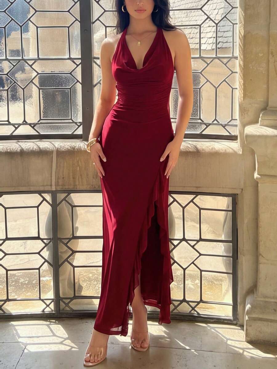Halter Backless Lace Up Ruched Side Slit Ruffle Mesh Long Dress Women's Solid Sexy Elegant Evening Dress Party Prom Date Clothes - Burgundy - View 1