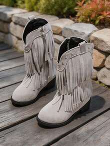 1 Pair Kids Vintage Western Cowboy Boots, Double Layer Fringe & Rivet Decor Mid-Calf Boots, Suitable For Holiday Parties, Daily Wear, Street Outings, Autumn/Winter - Grey - View 3
