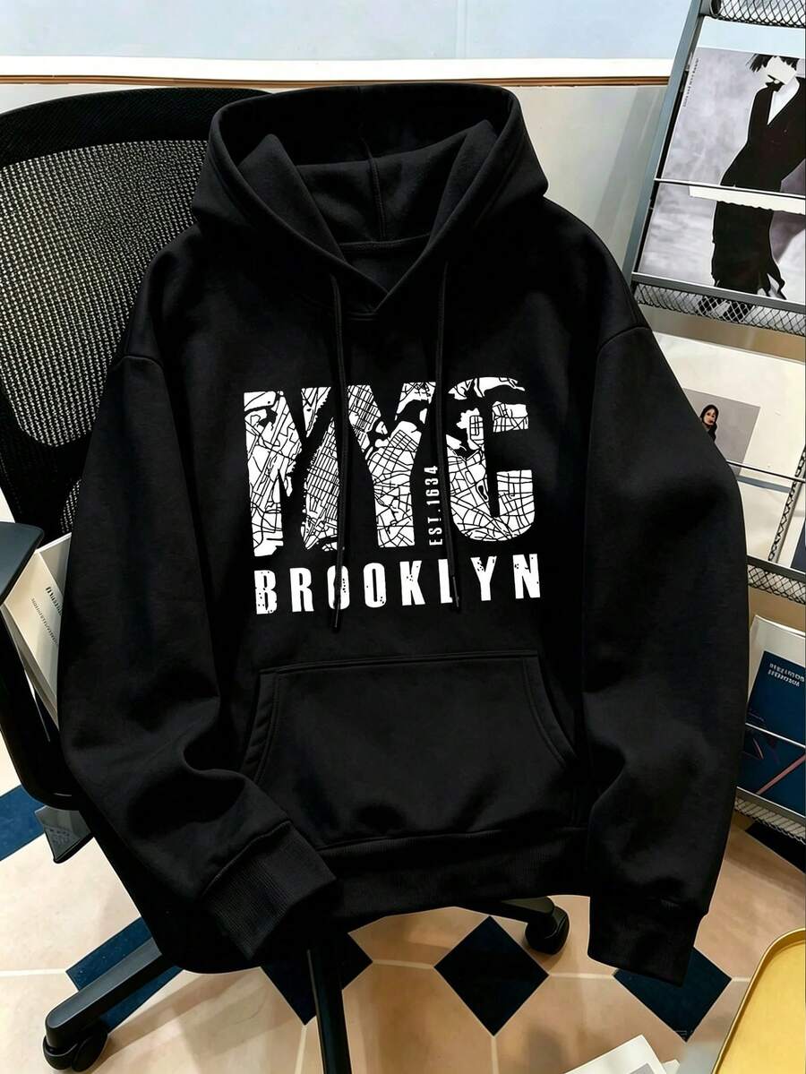 Hoodie Pria Ukuran Besar Musim Gugur/Dingin Kasual Motif Huruf Hitam | Desain Pas yang Indah | Item Penting Musim Gugur/Dingin | Serbaguna dan Mudah Dipakai, Menampilkan Gaya Pribadi - Hitam - View 1