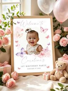 1pc Personalized Butterfly Birthday Welcome Sign, Customized Photo Name Date Poster, Pink Butterfly 1st Birthday Welcome Poster, Large Birthday Poster, Girl Birthday Party Decoration Souvenir, Any Age, Printed Photo, Frameless - Multicolor - View 3