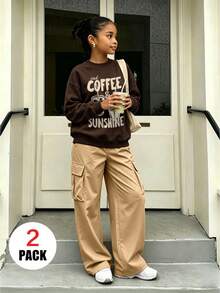 Setelan 2 Potong untuk Anak Perempuan, Termasuk 1 Sweatshirt Lengan Panjang Leher Bulat Motif Kopi dan 1 Celana Kargo, Pakaian Kasual dari Kain Lembut - MultiWarna - View 2