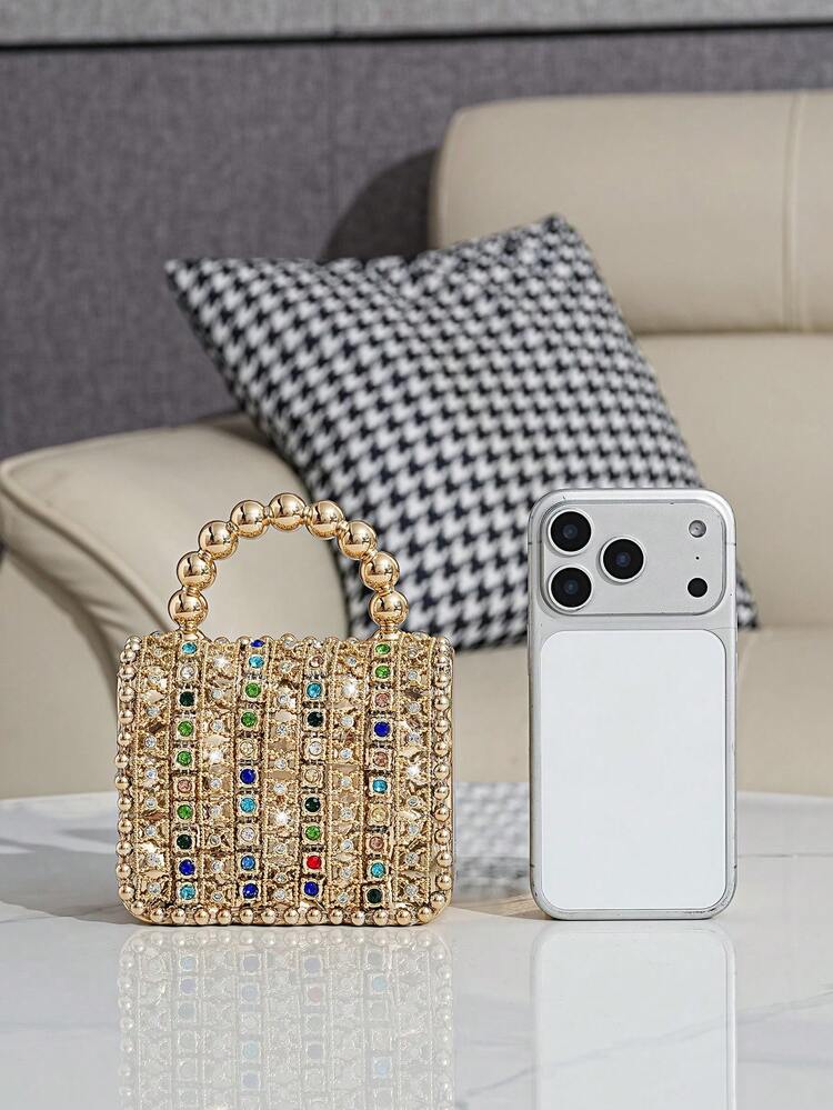 European & American Popular Creative Mini Handheld Wrist Evening Bag, Textured Acrylic Handheld Crossbody Box Bag, Lipstick Earphone Coin Accessory Bag, Fashionable Bag For Parties And Gatherings - Gold - View 5