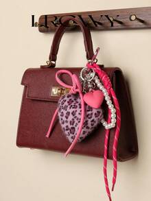 Women's Bag Charm Heart Pink Fluffy Leopard Print Beaded Cute Fashion - Pink - View 3