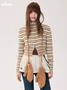 CHUU Striped Long Sleeve Knit Cardigan Women Spring Autumn Sweater Letter Embroidery Colorblock Zipper Short Jacket - Khaki - View 4