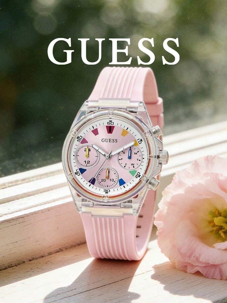 GUESS Athena Women's Watch Transparent Case Pink Silicone Strap Multifunction GW0438L7 - Pink - View 1