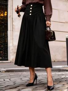 Women's Black High Waist A-Line Midi Skirt With Front Button And Ruched Detail, Casual Commute, Elegant Party Long Skirt, Autumn Women's Clothing, Office Wear, Vintage - Black - View 4