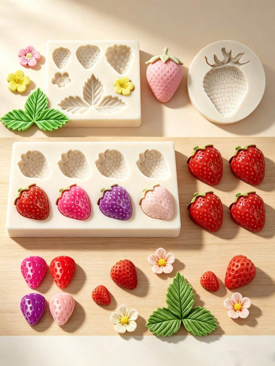 Set Cetakan Silikon Bunga Stroberi 3D, Cetakan Buah untuk Fondant, Cokelat, Permen, Dekorasi Kue, Alat Pembuat Kue, Cocok untuk Topper Cupcake, Tanah Liat Polimer, Kue Kering, Kerajinan DIY Kue Pastry, Dapat Digunakan Kembali dan Mudah Dibersihkan, Perlengkapan Dapur untuk Membuat Kue