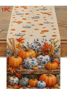 Autumn Thanksgiving Blue & White Printed Pumpkin Table Runner, Pillowcase, Placemat, Rustic Farmhouse Vintage Dining Table Decor, Orange Pumpkin & Maple Leaf Long Tablecloth, Suitable For Holiday Party Home Kitchen Home Decor - Multicolor - View 11
