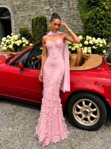 UNITHORSE [Random Cut] Women's Elegant Strapless Waist-Cinching Adjustable Back Tie Formal Evening Gown Dress - Pink - View 1