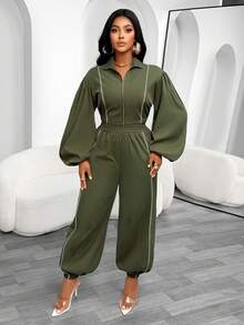Aliling Autumn Women's Fashion Motorcycle Army Green Exaggerated Lantern Sleeve Short Zipper Jacket & Lantern Pants Two Pieces Set, Color Block Patchwork Details, Suitable For Outings, Street Style, Club, Racing Occasions Fashion Autumn Outfit - Army Green - View 7