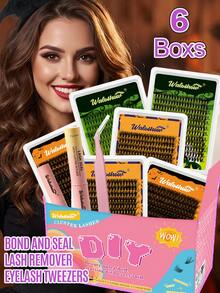 Waloshow 6-Box Gift Set Halloween D-Curl Clustered False Eyelashes High Capacity Kit, Suitable For Beginners, Includes False Eyelashes Tutorial, Thick And Fluffy DIY Segmented False Eyelashes, Includes Glue And Sealing Agent, Tweezers, Eyelash Curler, Magnifying Glass False Eyelashes, Lightweight And Reusable - Black - View 4
