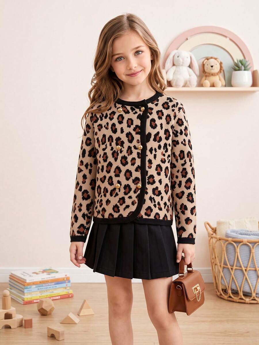 Girls Sweaters, Tween Girls Leopard Print Knit Cardigan, Button Front Crew Neck Long Sleeve Soft Preppy Top For Fall Winter Daily & Party Outfits - Multicolor - View 1