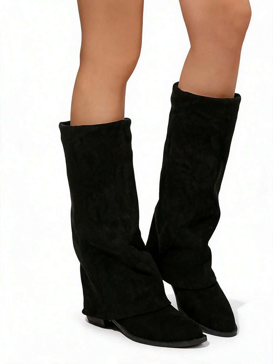 Tropiscape Fall/Winter 2025 Slimming Suede Over-The-Knee Mid-Calf Chunky Heel Pointed Toe Equestrian Boots For Women,Western Boots - Black - View 1